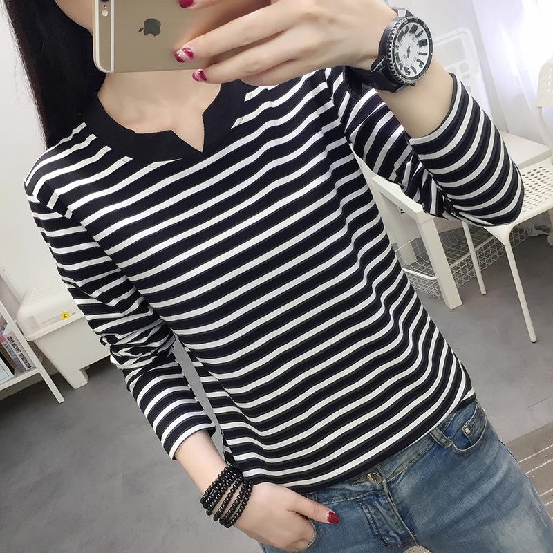 

2024 Women s Loose Striped V-Neck Long-Sleeve T-Shirt - Versatile Spring Top 5XL [160-185 jin]