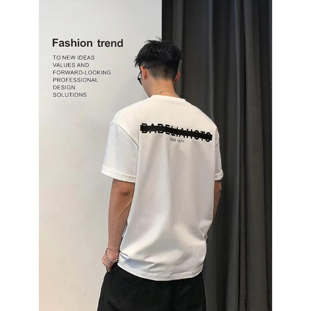 New Front and Back Letter Printed Short Sleeved Men's Summer Trend 100% Pure Cotton High-quality Round Neck Fitness T-shirt