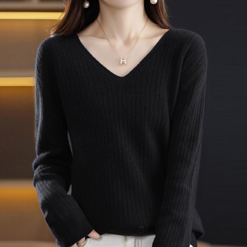 Slim Fit Dámské Pulovry Svetry Spodní topy Podzim a Zima Nový Pletený svetr s výstřihem do V Dlouhý rukáv Jednobarevné Pleteniny Oblečení 28502