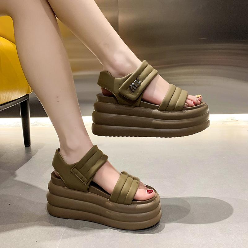 Women Summer High Platform Sandals 9CM Wedges Leather Chunky Slippers 2025 Outside Ankle Strap Sandals Beach Casual Slides Woman