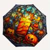 Halloween Stained Window Panel with Pumpkins and CandleUmbrella, Portable 3-Fold Compact Umbrella,Christmas Gift ES467