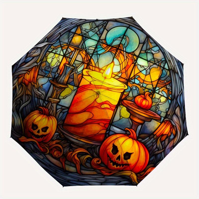 Halloween Stained Window Panel with Pumpkins and CandleUmbrella, Portable 3-Fold Compact Umbrella,Christmas Gift ES467