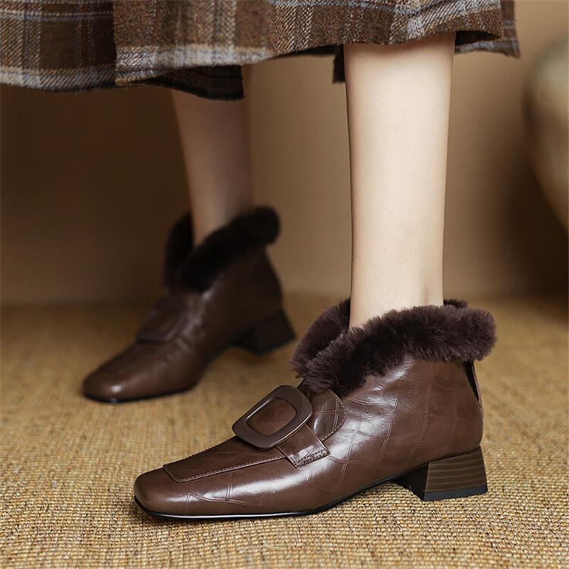 Fashion New Winter Genuine Leather Women Boots Shoes for Women Ankle Boot Square Toe Women Shoes Botines Mujer Low Heels Warm Wool Boot