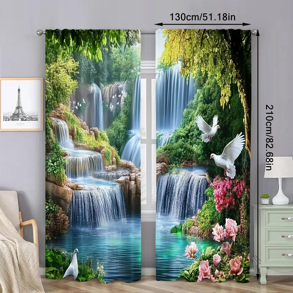 Set Of 2 Beautiful Forest Waterfall Landscape Curtain Vivid Nature Suitable Bedroom Bathroom Living Room Dining Polyester Ideal For