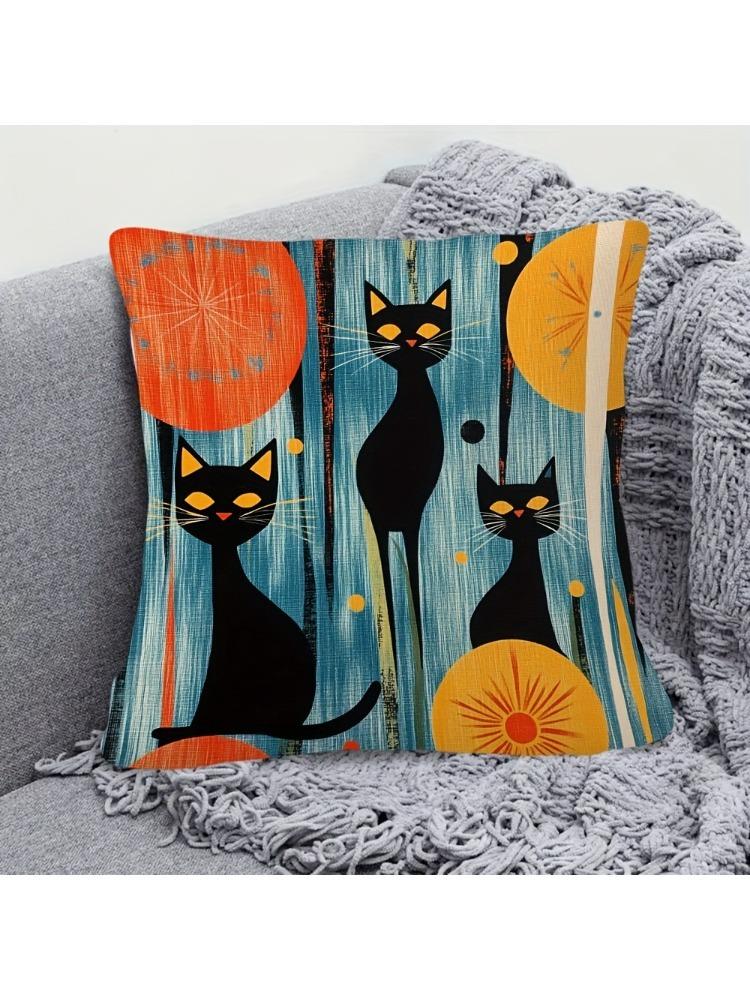 1Pc Mid-Century Black Cat Throw Pillow Cover, 2D Double-Sided Print Soft Polyester Cushion Case For Home Sofa Bedroom Car Decor