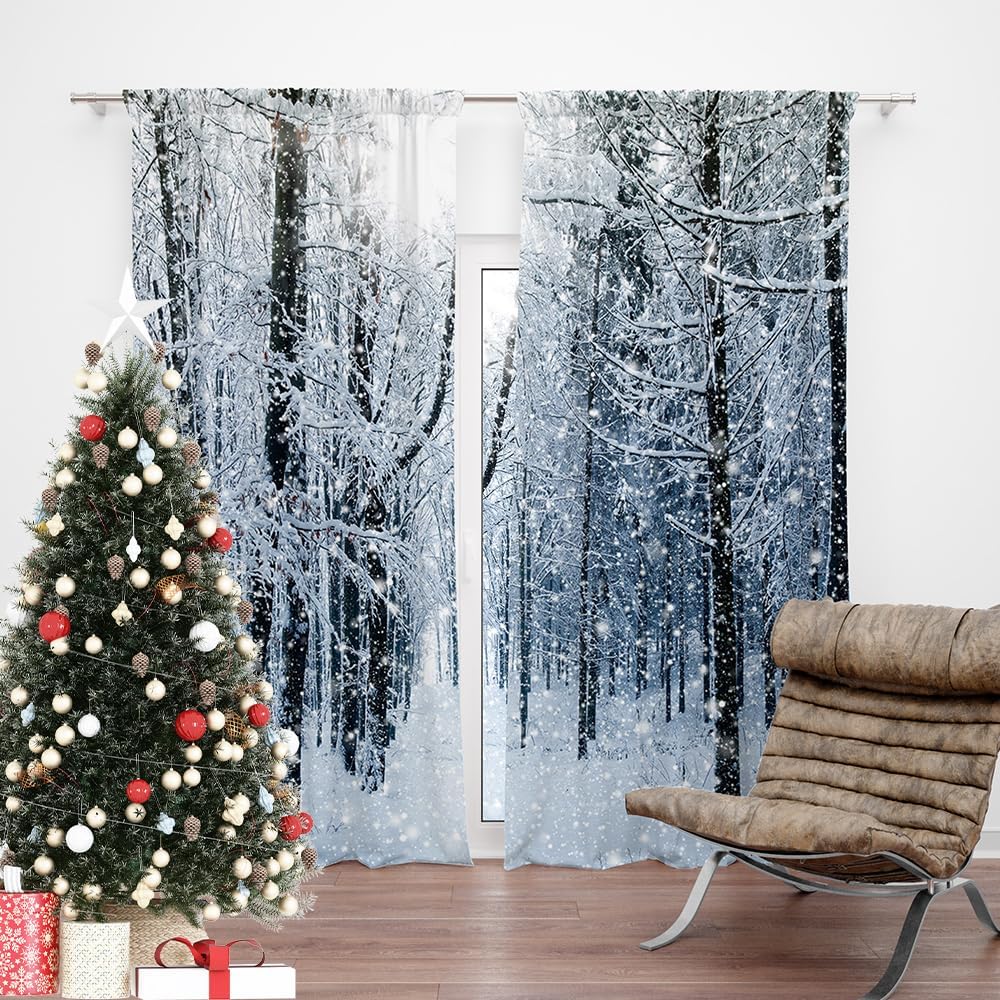 Christmas Snowflake Window Curtains Xmas Ornaments Coniferous Pine Tree Tinsel Theme Bedroom Living Room Decorative Curtain Polyester Perfect For Area