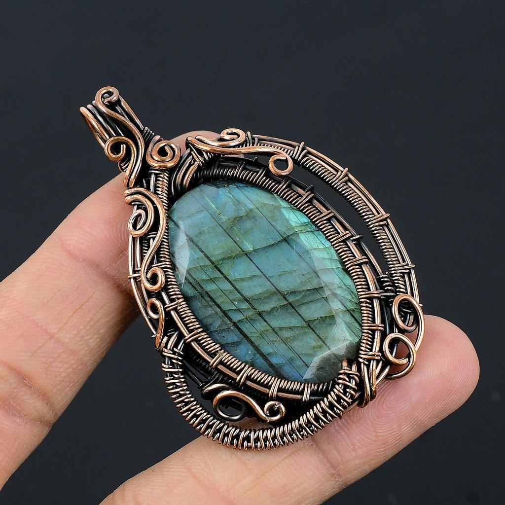 Labradorite Pendant, Handmade Gemstone 999 Copper Wire Wrapped Pendant Antique Jewelry, For Gift Silver Jewelry