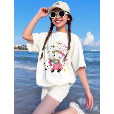 Tallas Europeas Lindo Coche Rosa Estampado Hello Kitty con Corazones Globos Camiseta Suave de Algodón Blanco para Niños 3 13 Años Conjunto de Verano para la Playa