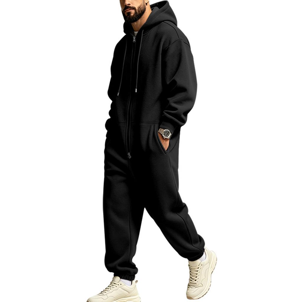 Men's Lined Hooded Jumpsuit Set for Winter Outdoor Sports, Loose Fit Hip Hop