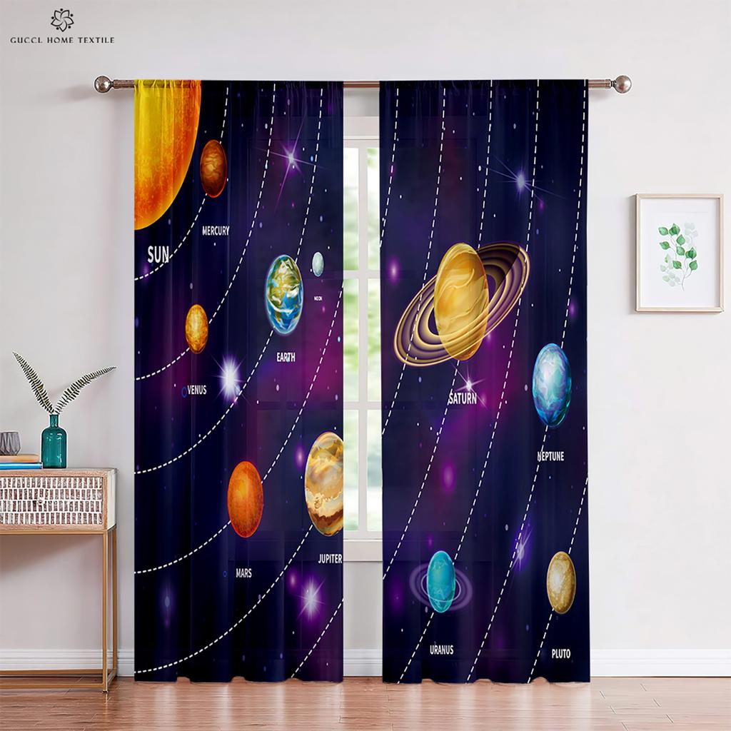 Custom Cartoon Animation Window Drapes, Universe Star Pattern, Bedroom, Living Room, Kitchen Decorative Curtains, 2 Pieces