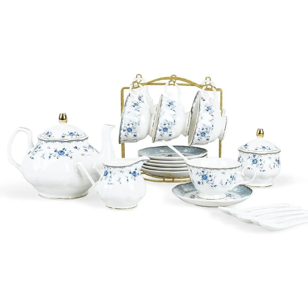 Porcelain Tea Set, British Floral Teapot with Tea Cups, Women Tea Party Set for 6