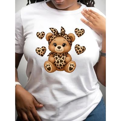 Evropská velikost Plus Size - Dámské tričko s potiskem medvěda a leopardím vzorem - Měkký a pružný top s krátkým rukávem pro jaro, léto a podzim
