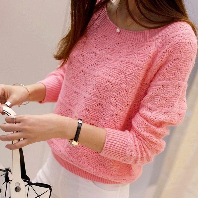 

Женская розовая ажурная блузка с длинным рукавом и тонким ажурным узором на основе свитера M розовый