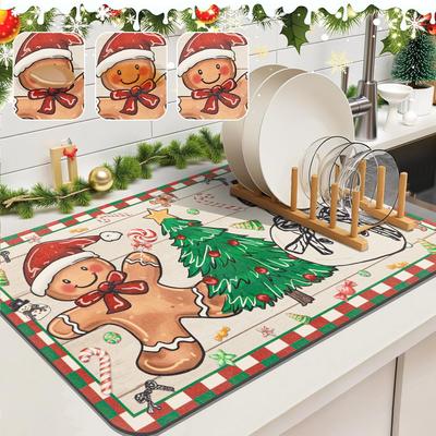 Christmas Gingerbread Man Kitchen Drain Pad, Tableware Drying Pad, Coffee Machine Pad, Christmas Restaurant Decoration