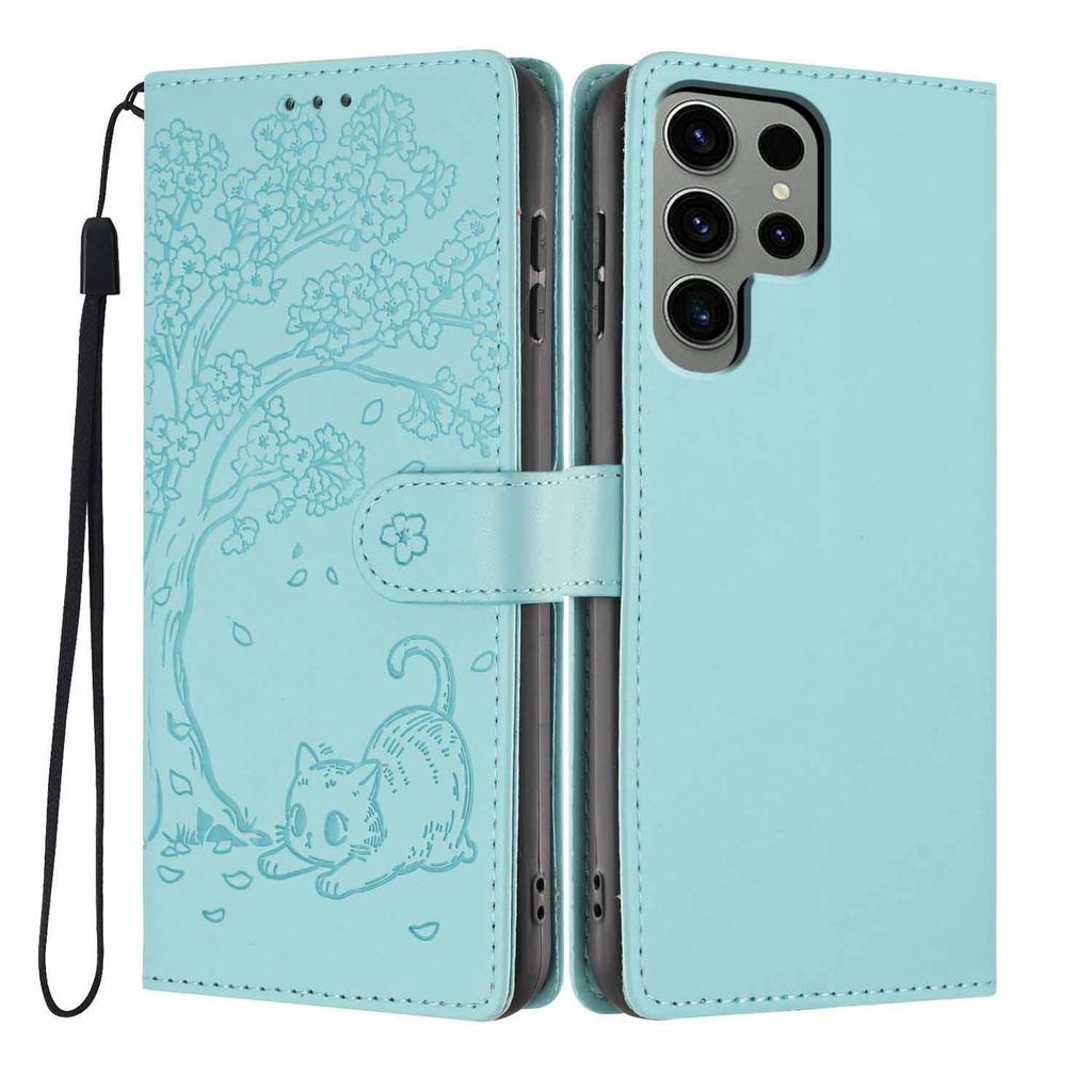 For Samsung Galaxy S24 Ultra Stand Case Tree-and-Cat Pattern PU Leather Wallet Protective Phone Cover with Wrist Strap