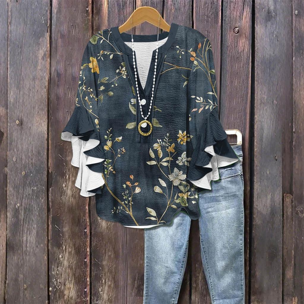 Women's Fashion Casual Button V-Neck Seven Sleeve Vintage Printed Shirt Top