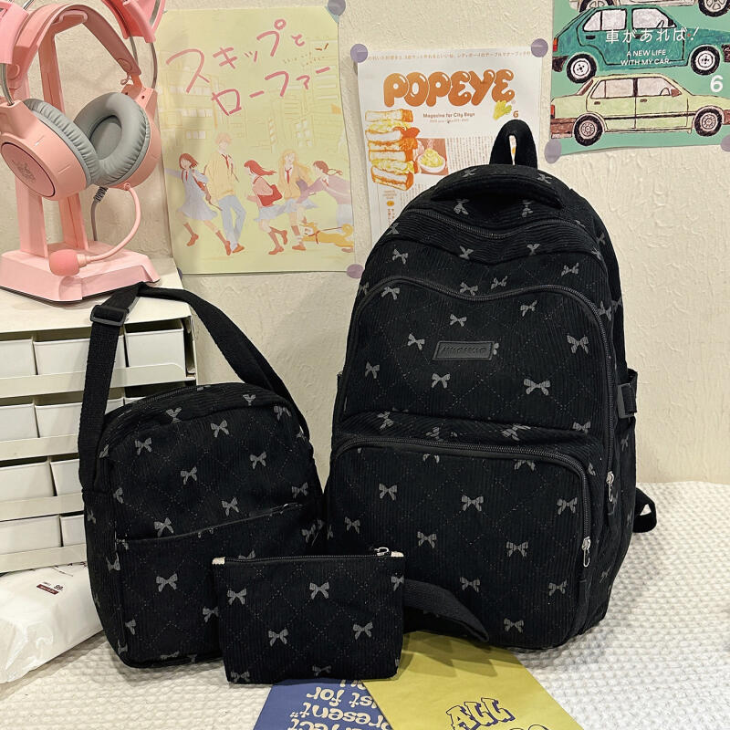 Dreiteiliger Schleifen-Rucksack Cord-Rucksack Schülerschultasche