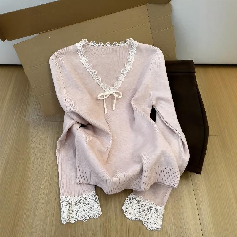 Tender Pink Collar Lace Spliced Wool Knitted Sweater for Women's Autumn and Winter Waist and Thin Inner Top, High-end Bottoming Shirt