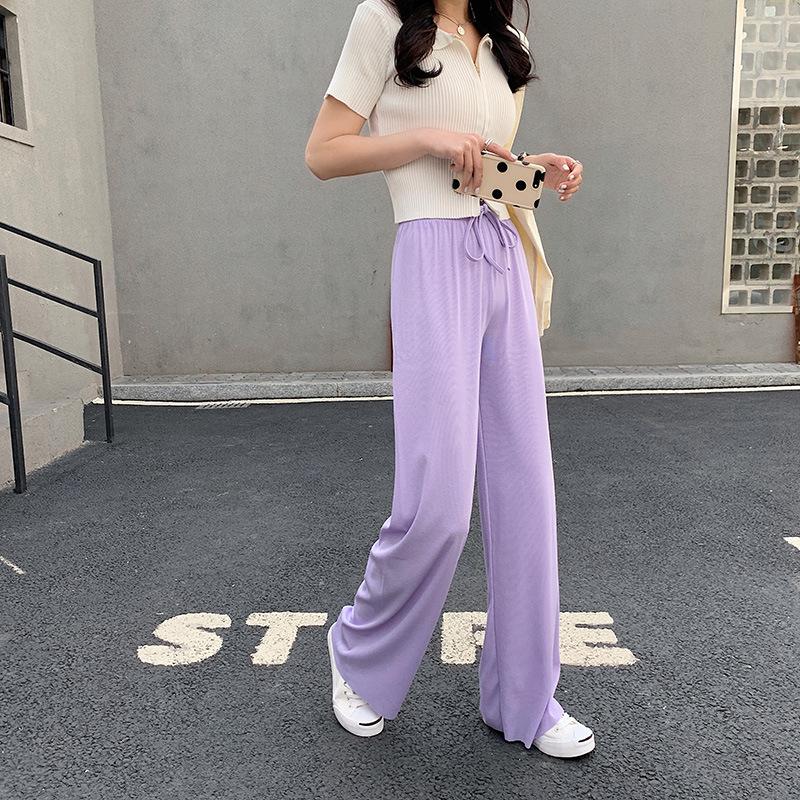 Summer Ladies Ice Silk Light Wide Leg Trousers Girl Solid Color High Waist Loose All-match Straight Casual Pants