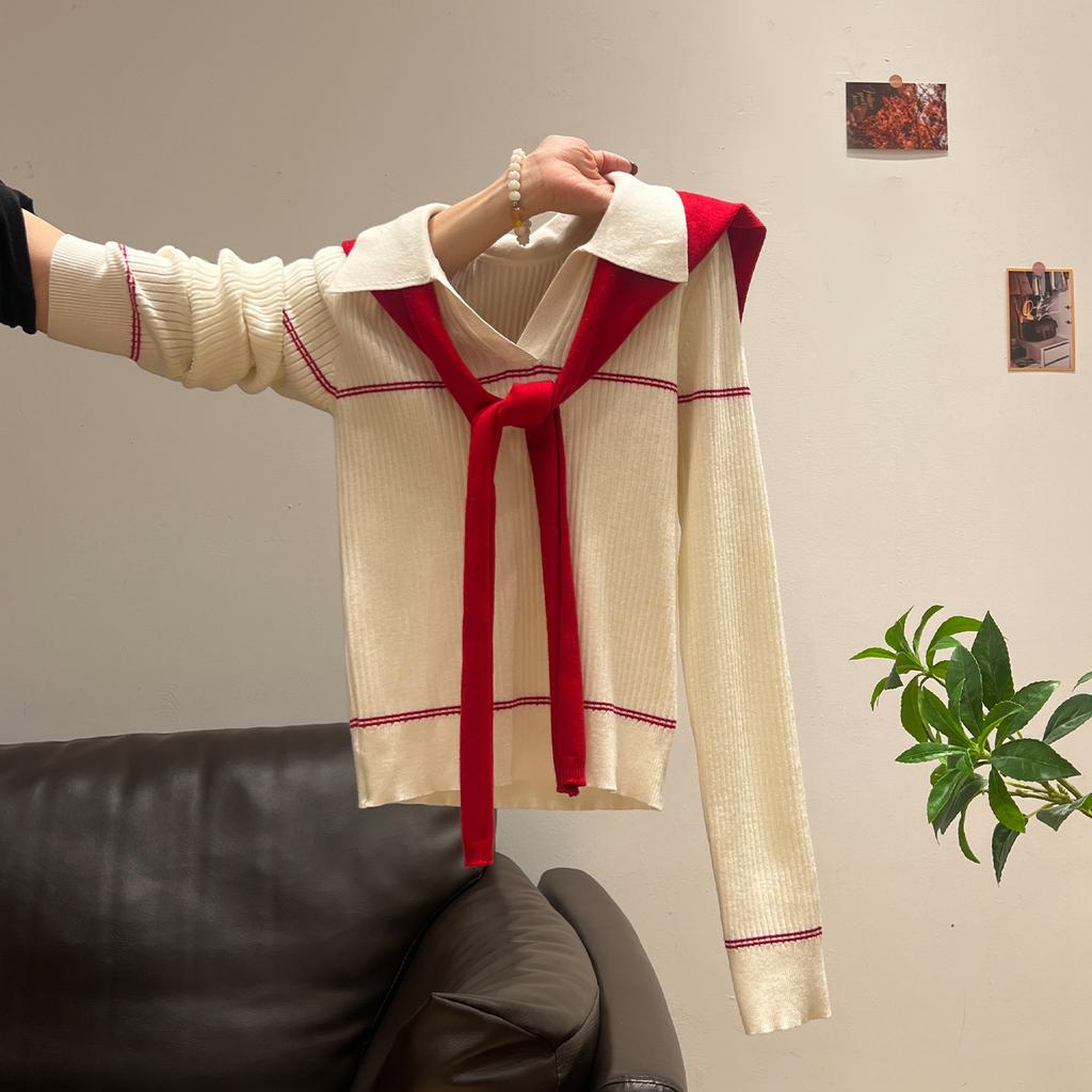 New Year's red shawl white V-neck knitted sweater long-sleeved bottoming shirt with winter new slim top women's clothing