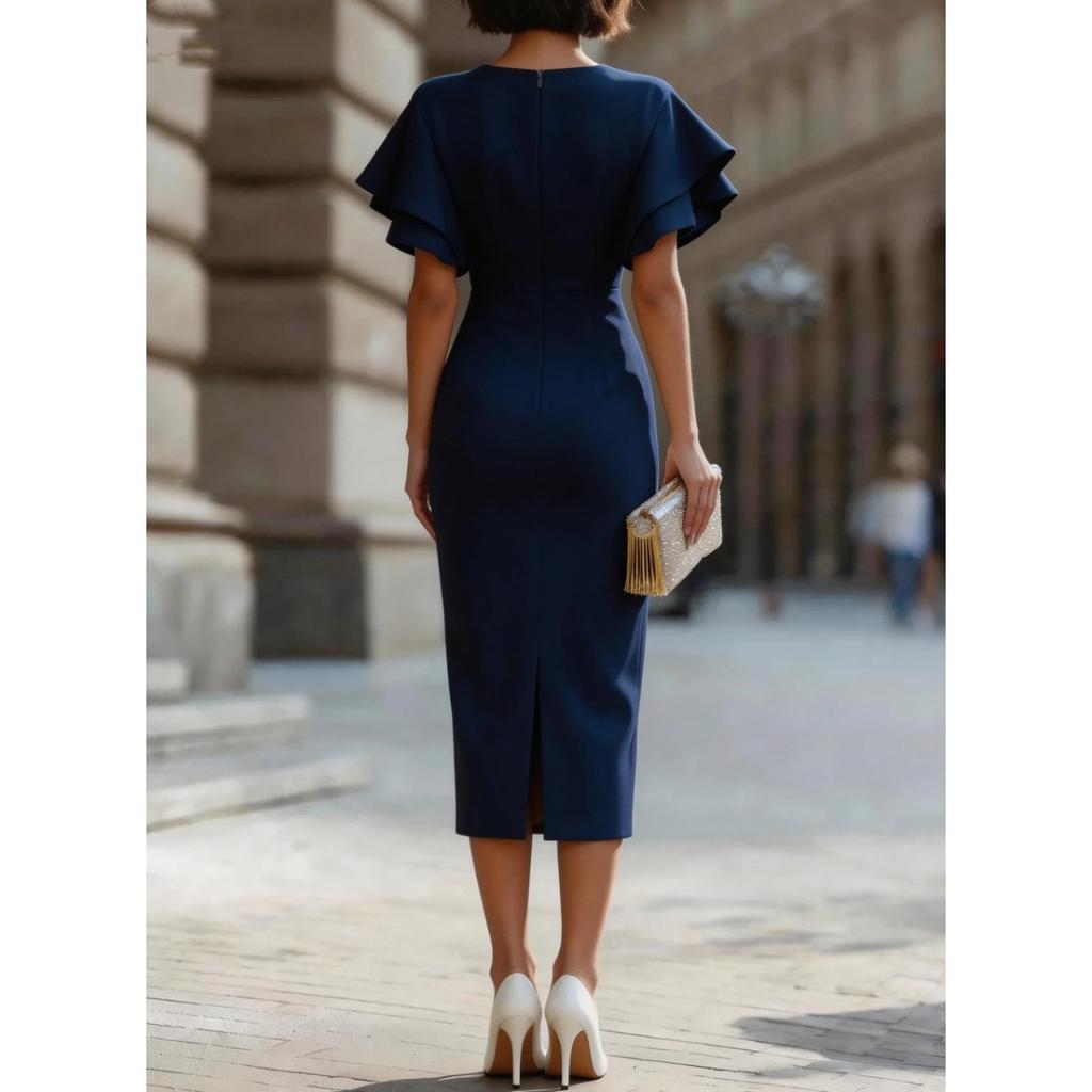 Robe Fourreau Élégante à Manches Volants 2026 pour Femmes, Robe Midi Bodycon à Col Rond Coupe Ajustée, Tenue Formelle pour le Bureau et les Soirées Cocktail