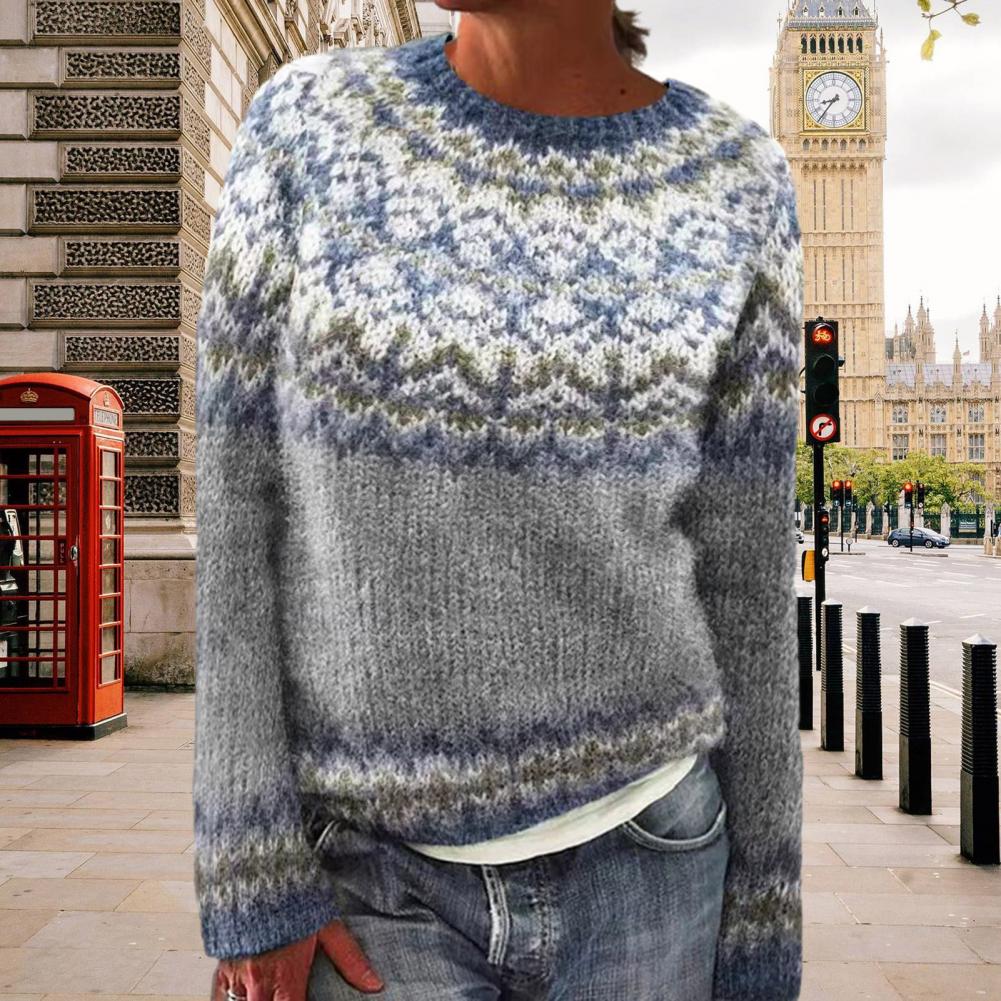 Knitted Sweater Geometric Pattern Patchwork Women's Sweater O-neck Long Sleeve Loose Fit Crochet Top in Color Knitting Style