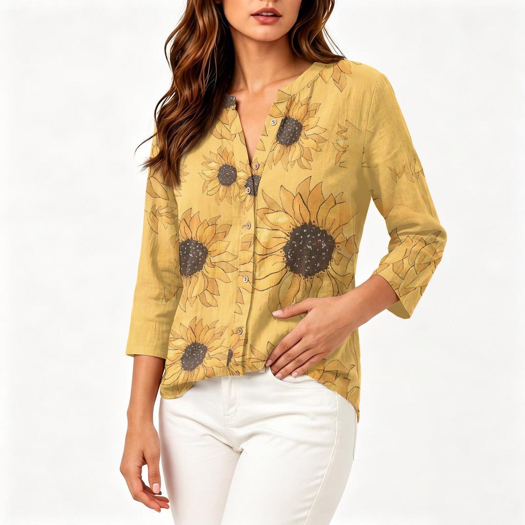 Women's Retro Floral Print Button Down Shirt 3/4 Sleeve Cotton Linen Blouse