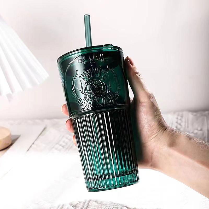 Large Capacity 600Ml Coffee Glass Straw Cup Dark Green Goddess Model Water Cup