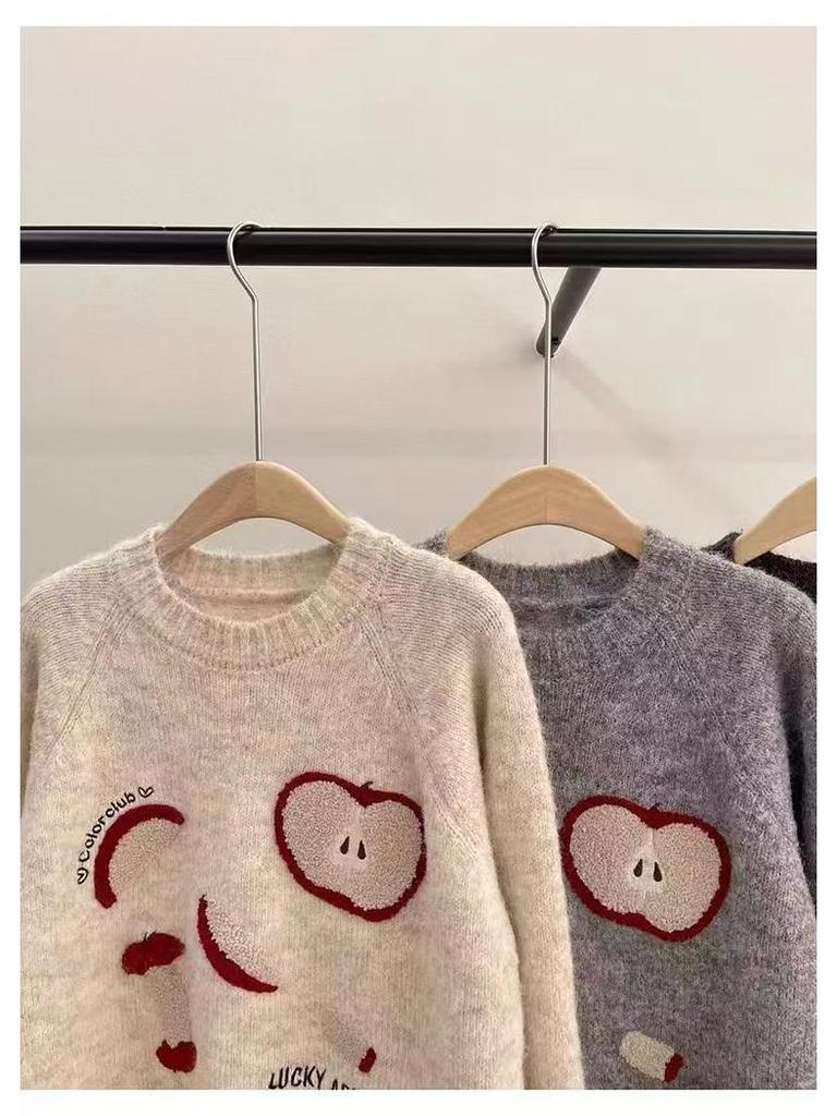 Apfelstrick-Cardigan im koreanischen Stil - Rundhalsausschnitt, lange Ärmel, weicher Pullover für Herbst/Winter