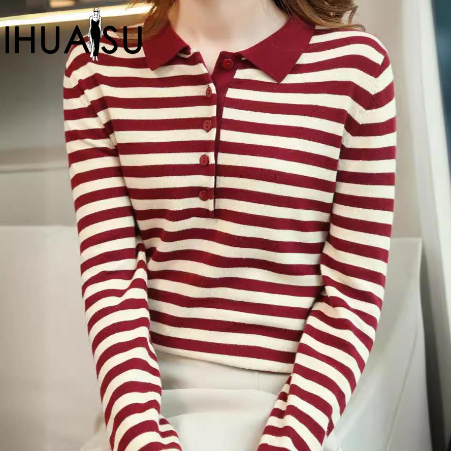 IHUASU Striped Cotton Knit Sweater Women Spring and Autumn Set Head Versatile Thin Bottoming Shirt Inside The Long-sleeved Jumper