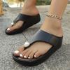 Fashion Casual Love Pearl Decoration Khaki Flip Flops Women 2025 Summer Medium Wedge Heels Sandals Vintage Soft Sole Beach Slippers