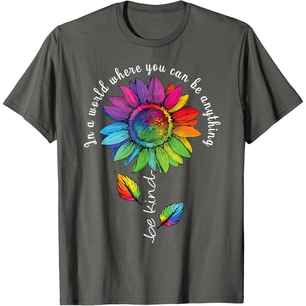 Rainbow Sunflower Be Kind Autism Awareness Graphic Tee Casual Cotton T-Shirt Unisex