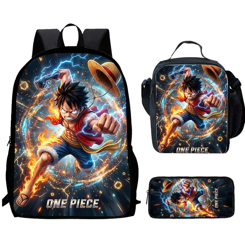 One Piece 15-Inch Mochila 3 Pcs Lightweight Adjustable Cartoon School Backpack With Lunch Bag Pencil Case For Children Ages 6-10
