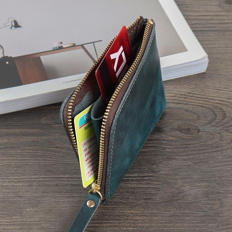 Handmade Crazy Horse Leather Wallet Retro Small Coin Money Bags Simple Wallets Zipper Pouch Card Holdes