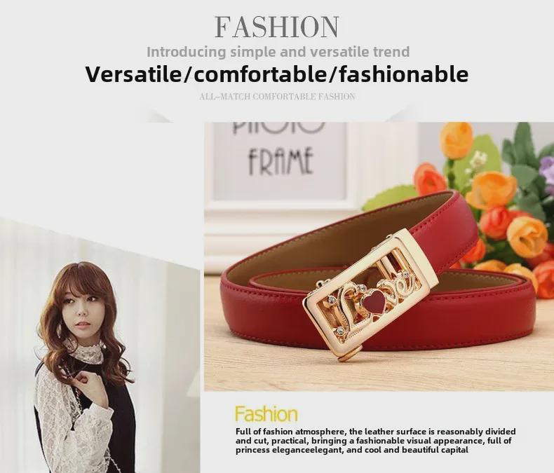 Women's Casual Double-Sided Lychee Pattern Leather Belt with Automatic Buckle
