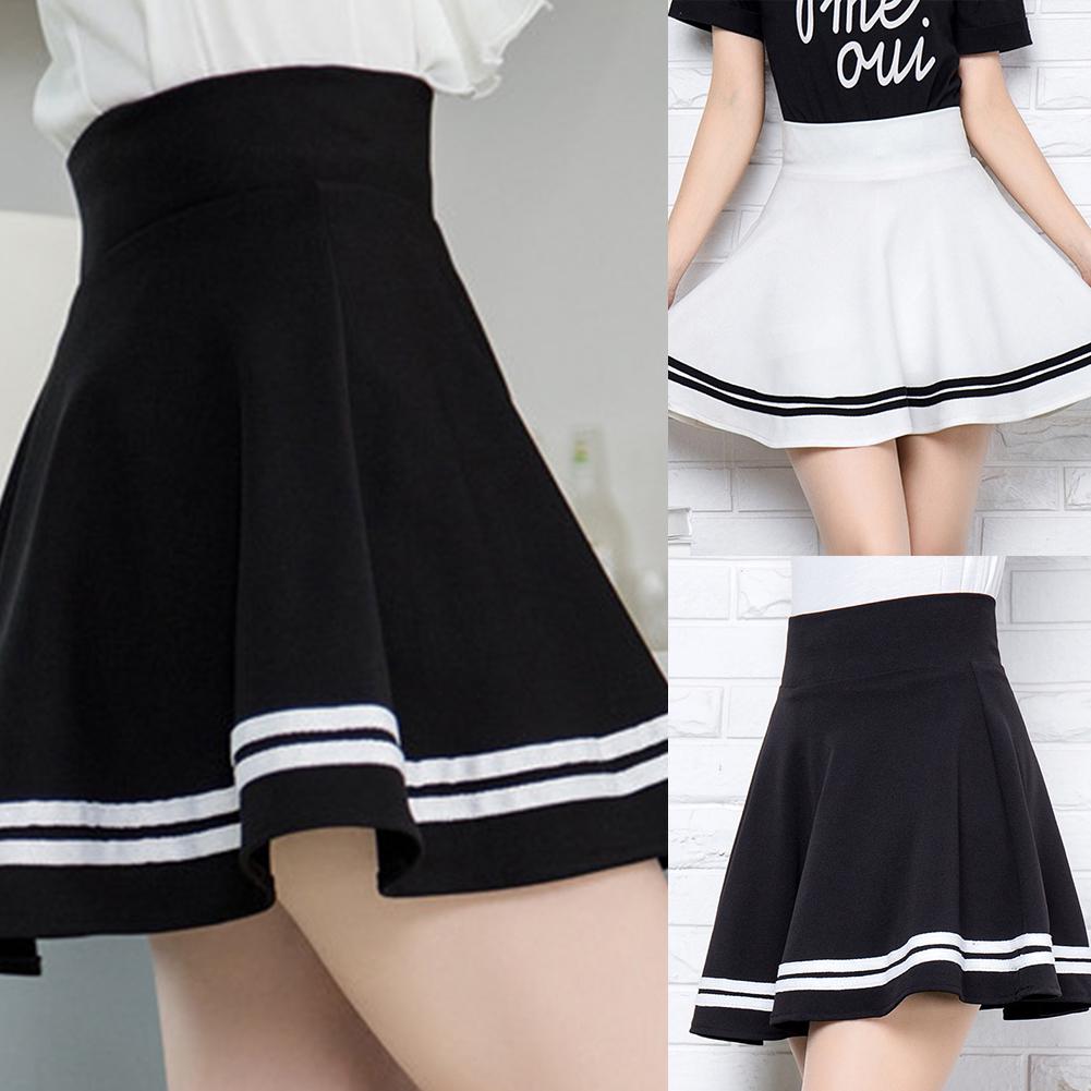Fashion Womenswear Women Stripes Pleated Stretchy Pure Color High Waist School Mini Skirt