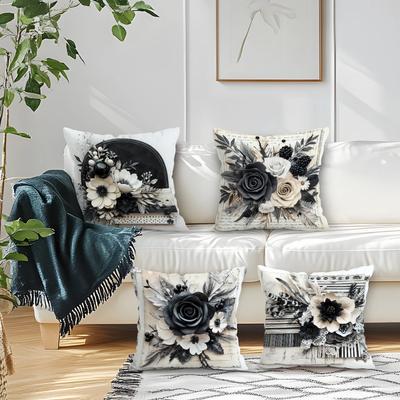 4 Pcs Black White Lace Floral Illustration Single-Sided Printed Pillowcase For Home Living Room Bedroom