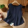 Damen Leinen Baumwolle Ärmellose Bluse Weste Wendbar Einreiher Rundhals Locker Sommer Tanktop