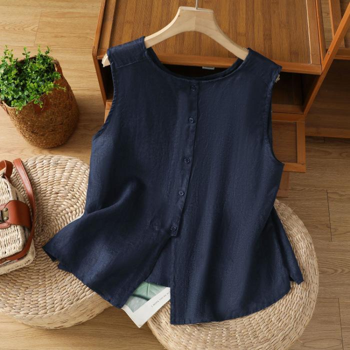 Damen Leinen Baumwolle Ärmellose Bluse Weste Wendbar Einreiher Rundhals Locker Sommer Tanktop