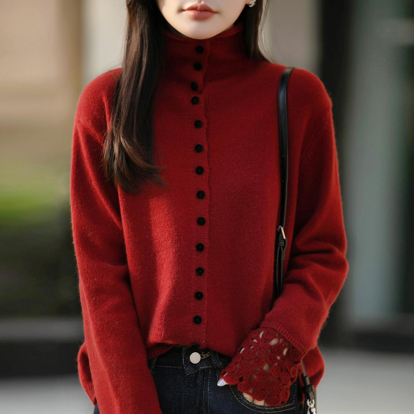 

New Autumn-winter Casual Daily Versatile Lace-sleeved Crew-neck Cardigan with Sweet and Cool Design for A Fashionable Look. XXL червоний