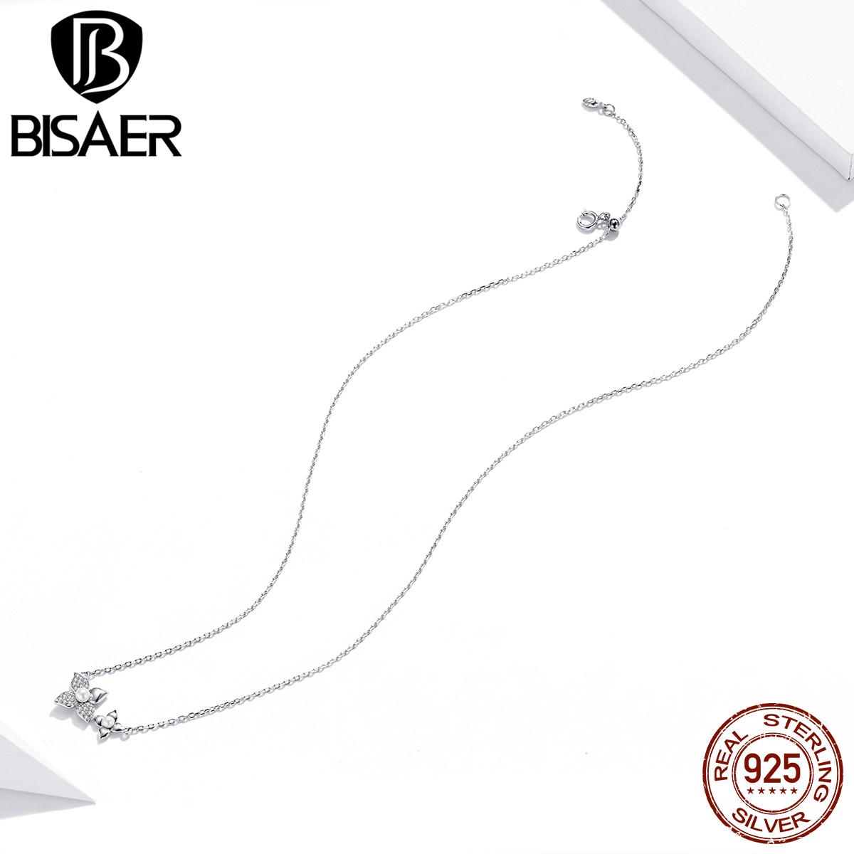 

BISAER Цветочное ожерелье из стерлингового серебра 925 пробы с прозрачным жемчугом CZ для женщин Свадебное помолвочное ювелирное изделие серебряный