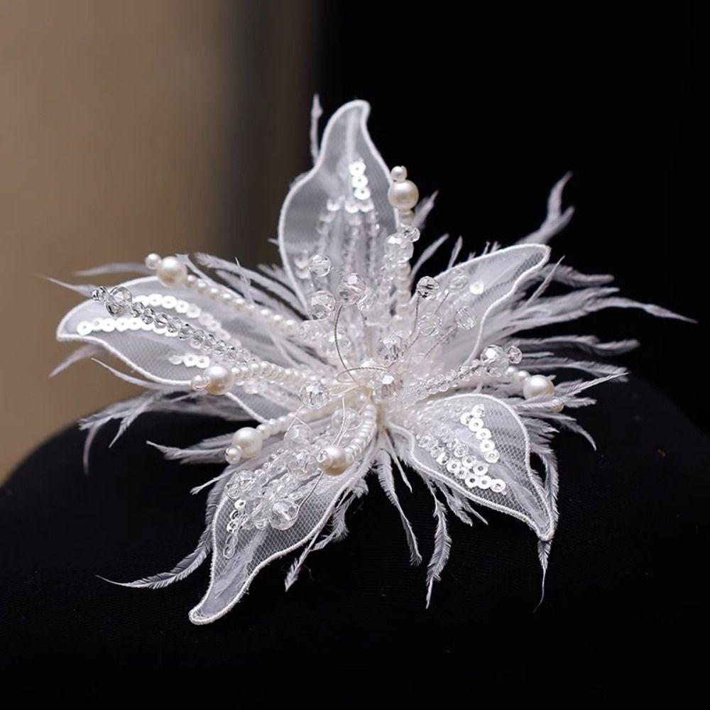 Feather Pearl 3D Organza Flower Patch Twisted Wire Crystal Flower DIY Sewing Decals Handmade Multi-layer Embroidery Patch