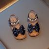 Children Shoes Bow Pearls Open-toe 2024 New Summer Flats Kids Casual Girls Sandals Non-slip PU Simple Japanese Style for Dresses