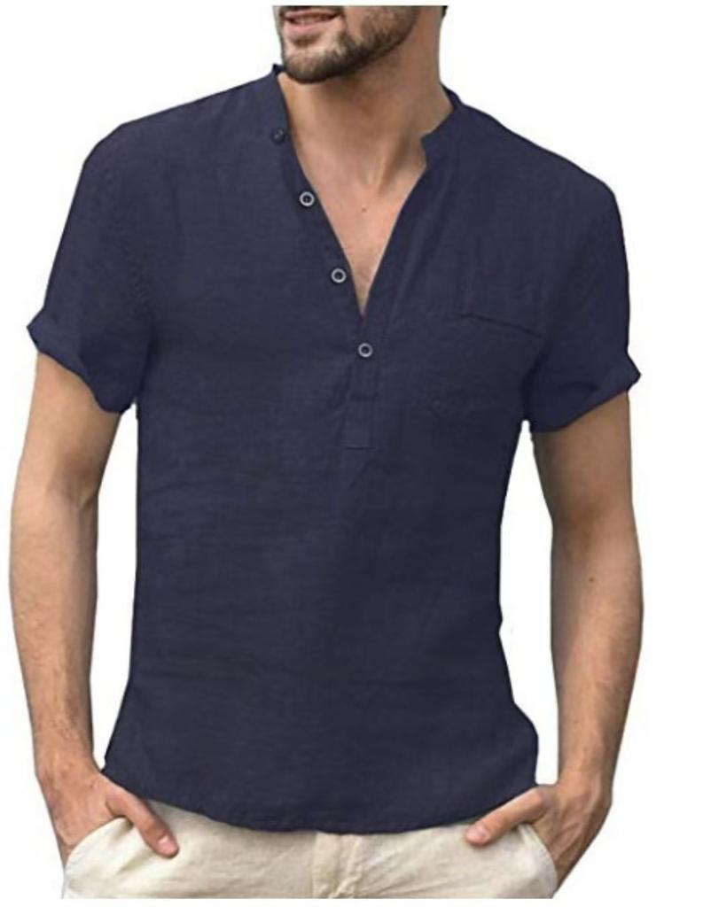 Sommer Baumwoll-Leinen kurzärmeliges Herren-T-Shirt Stehkragen Schnalle halb offene Knopfleiste einfaches einfarbiges kurzärmeliges T-Shirt