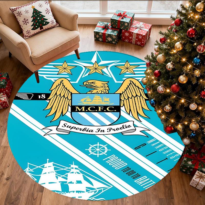 Manchester City FC Pattern Round Rug, Indoor/Outdoor Mat, for Picnic, Gameroom, Bedroom, Office, Living Room, Home Decor Carpet, Birthday Gift
