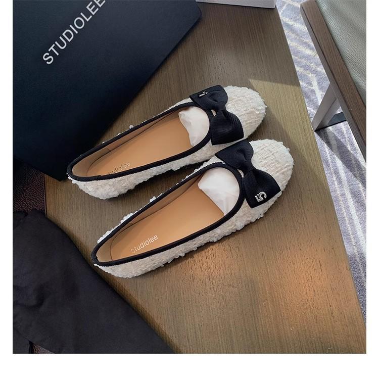 Sheepskin version~ Grape mother same shoes sparkling beads exquisite round head rhinestone bow temperament flat single shoes women