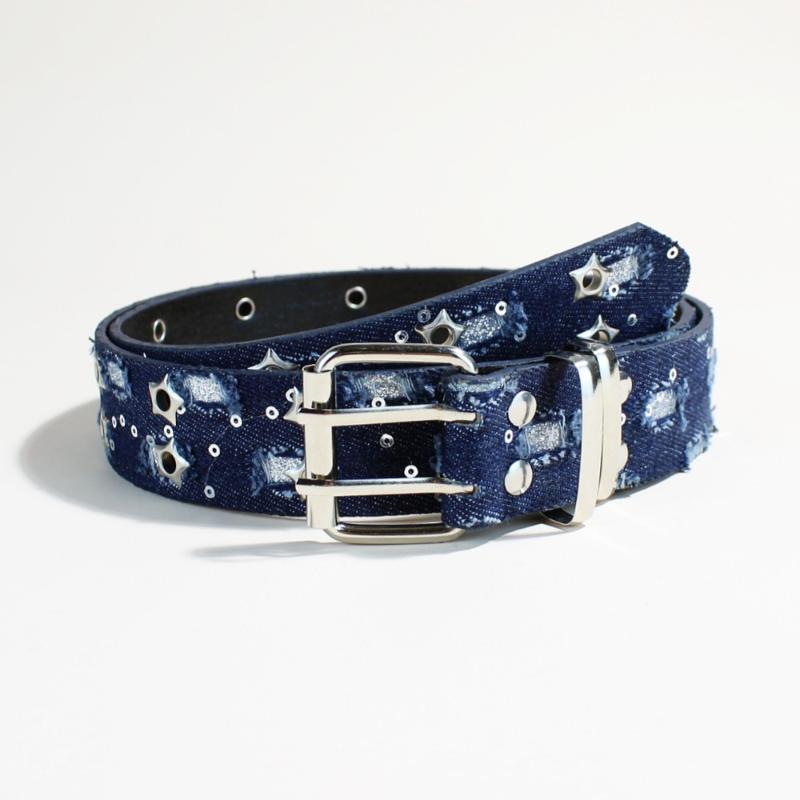 

1Pc Luxury Belt Black Punk Accessories Blue Denim Girdle Hiphop Y2K Star Hollowed Pin Buckle Waistband,For Men Women темно-синий