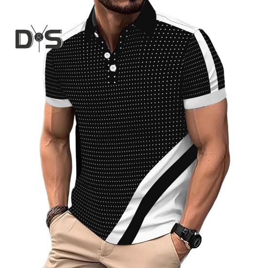 

Мужская футболка с лацканами, облегающая футболка в горошек из полиэстера, цветной блок, летняя повседневная футболка с коротким рукавом для повседневной носки, для спорта и улицы S чёрный