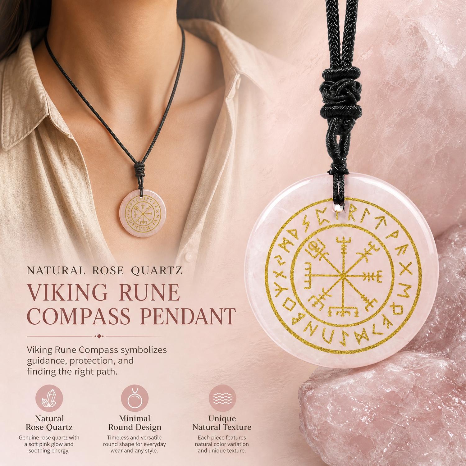 Natural Crystal Quartz Mysterious Nordic Goethe Futhark Runes Viking Compass Vegvisir Reiki Energy Pendant Necklace For Jewelry розовый кварц