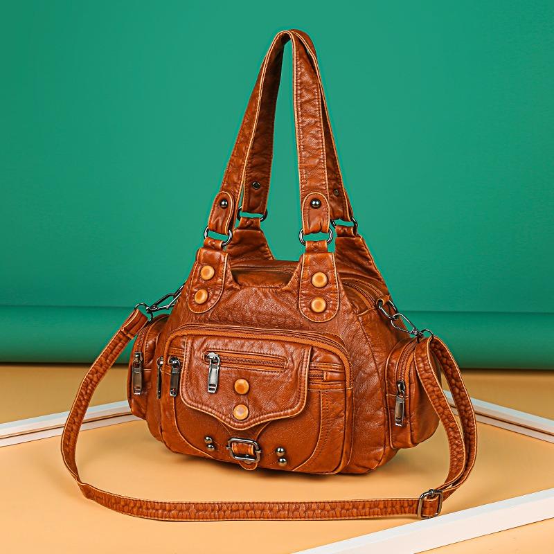 Trendy washed leather women's bag contrasting color bag shoulder crossbody portable soft leather large capacity multi-layer